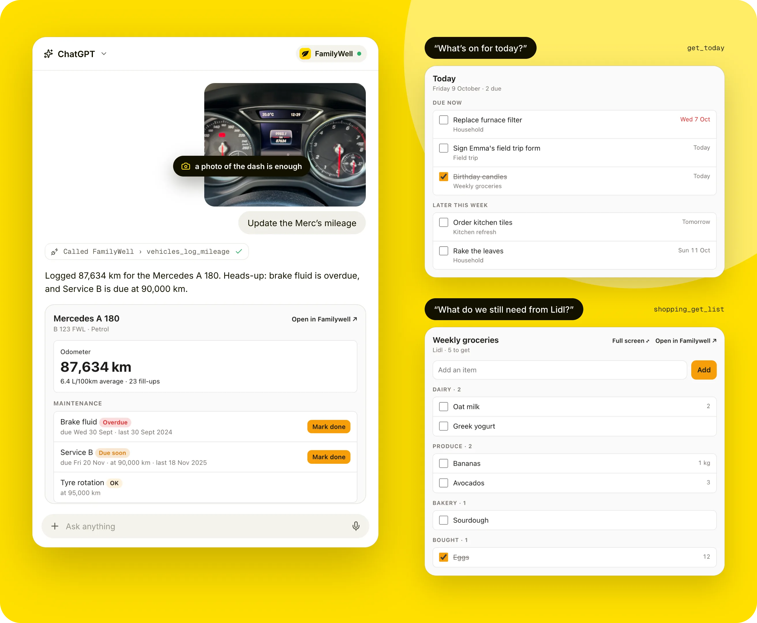 ChatGPT logging a car's mileage from a dashboard photo, and live Today and Weekly groceries cards