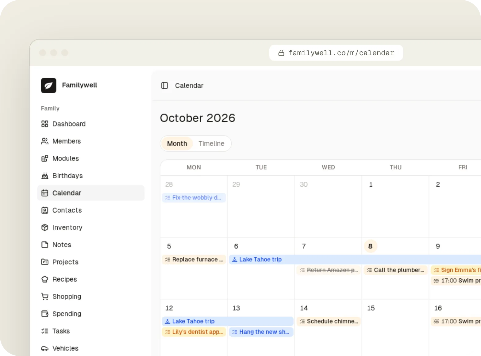 The family calendar in month view