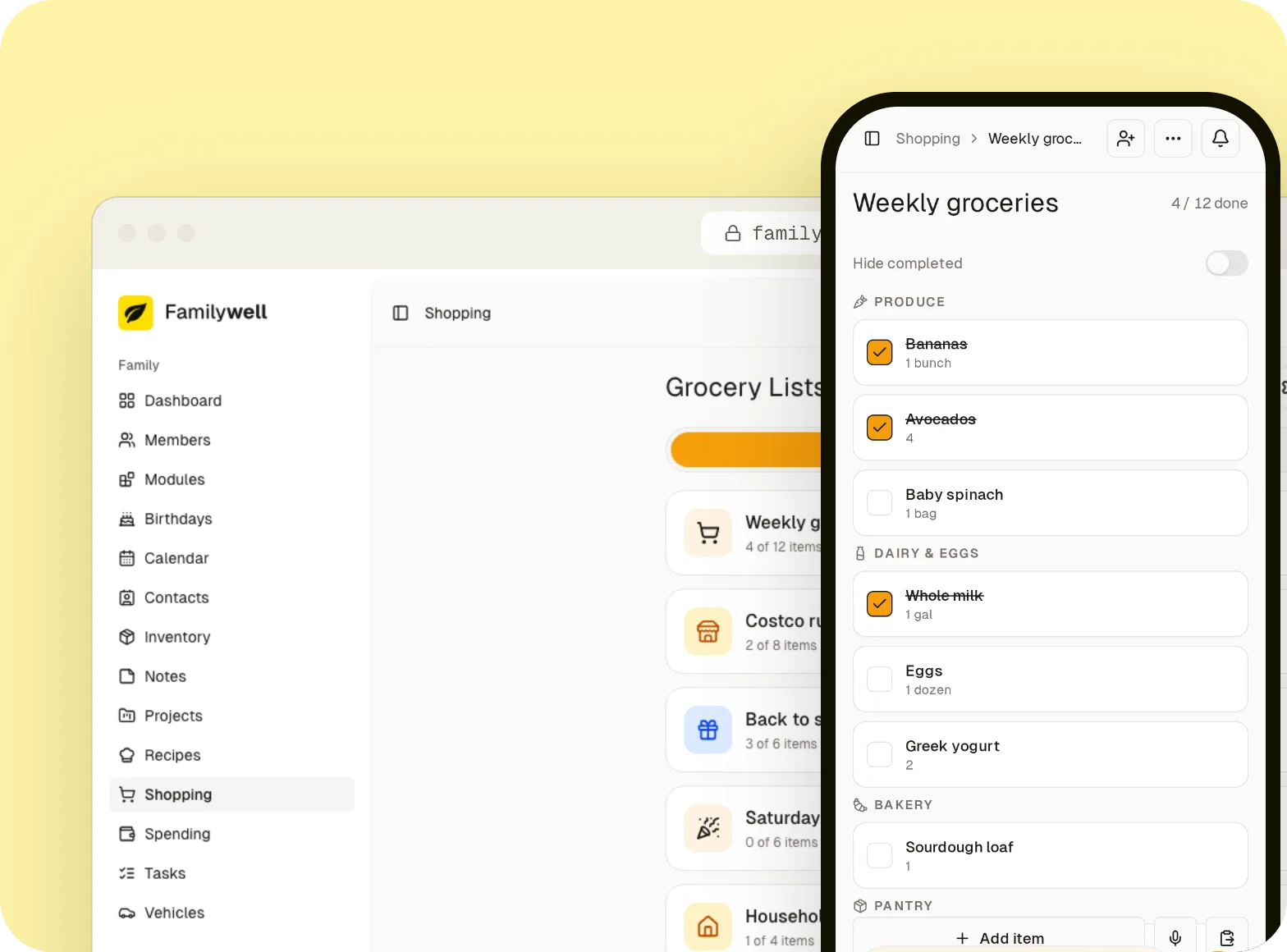 The shared grocery list on desktop and phone, grouped by aisle