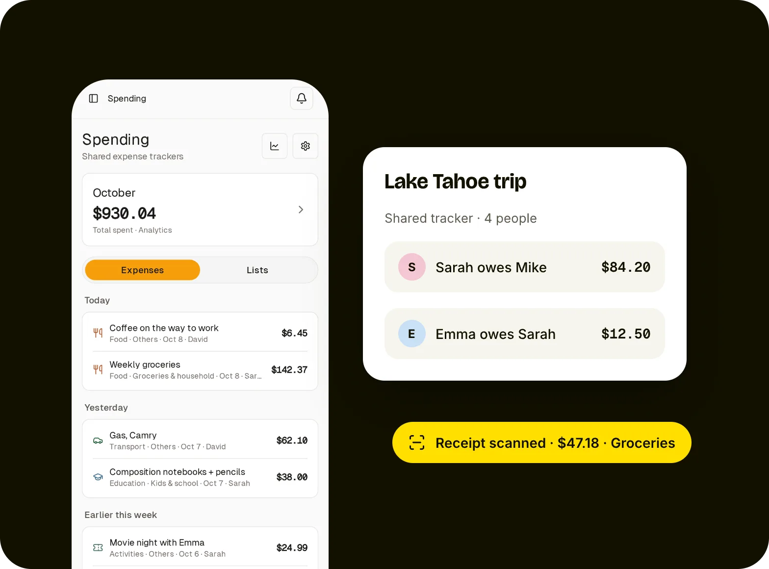 Spending on the phone, with a shared trip tracker showing who owes whom