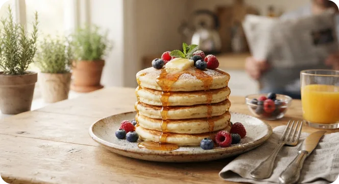 A stack of pancakes with berries and syrup