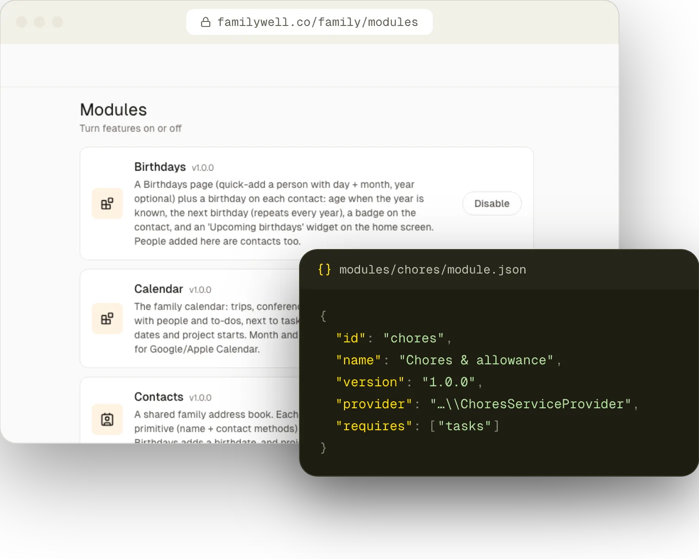 The Modules settings page with a module.json manifest