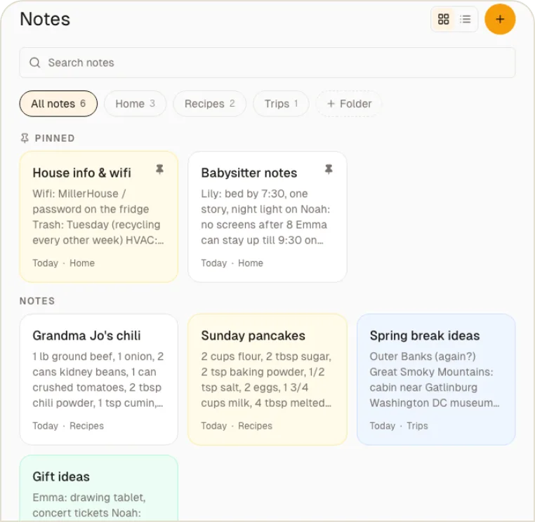 Family notes, pinned and shared