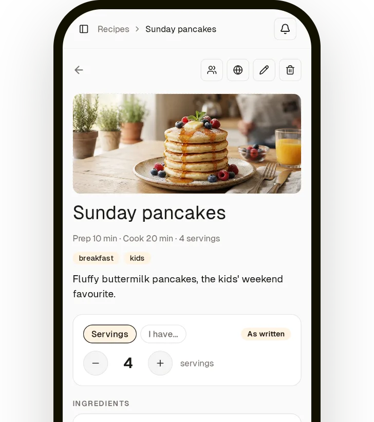 A Sunday pancakes recipe on the phone, scaled to 4 servings